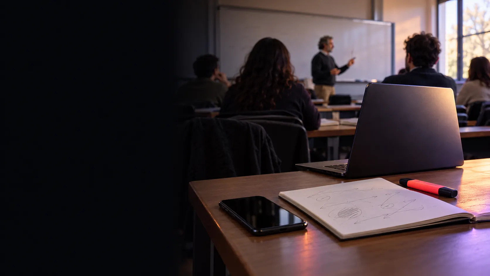 Clase universitaria con un teléfono sobre la mesa