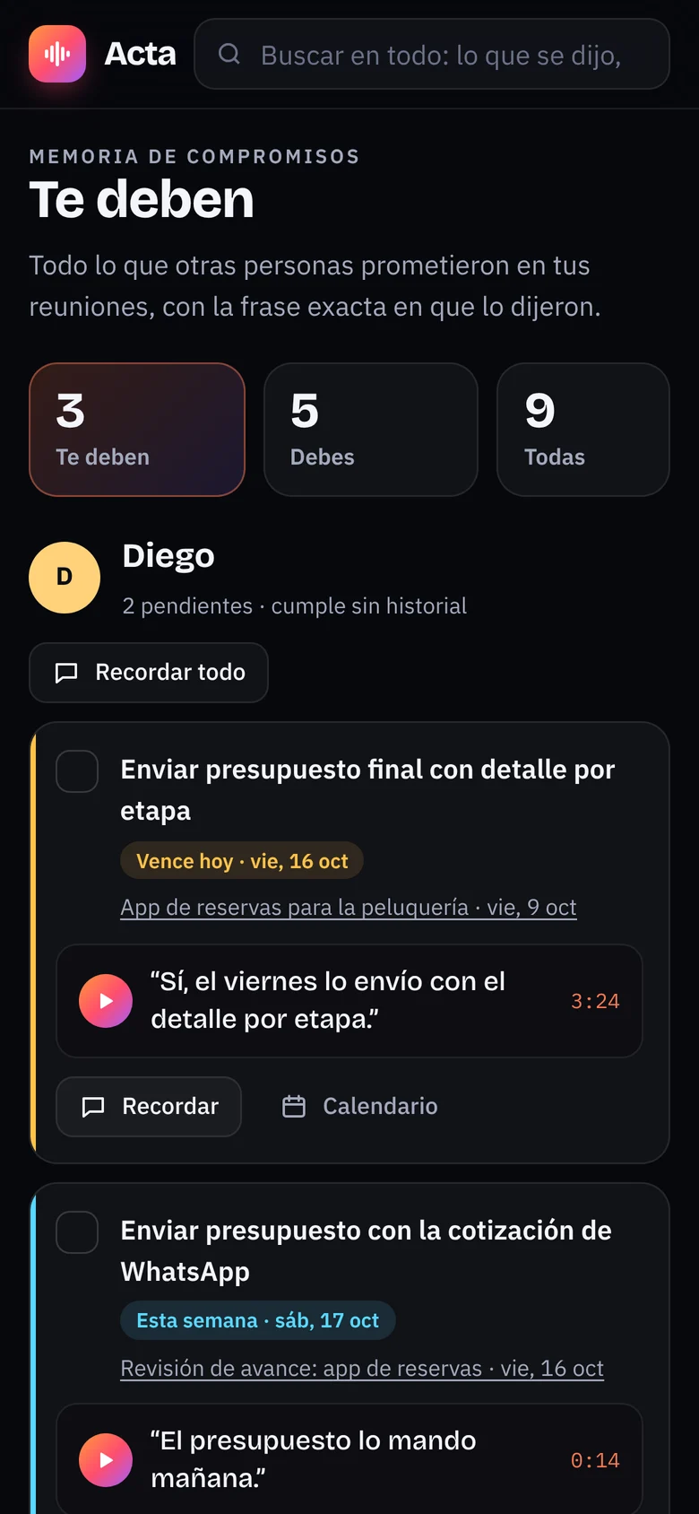 Pantalla de compromisos: lo que te deben
